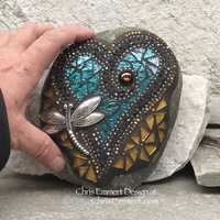 Gold Pinwheel Flowers on a Turquoise Heart, Garden Stone, Mosaic, Garden Decor