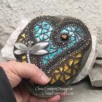 Gold Pinwheel Flowers on a Turquoise Heart, Garden Stone, Mosaic, Garden Decor
