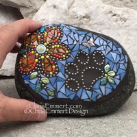 Orange Flower w/Blue, Black Paw Print - Garden Stone, Pet Memorial, Garden Decor'
