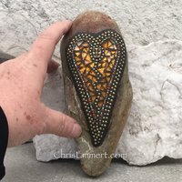 Amber Mosaic Heart, Mosaic Rock, Mosaic Garden Stone, Home Decor, Gardening Gift,