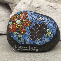 Orange Flower w/Blue, Black Paw Print - Garden Stone, Pet Memorial, Garden Decor'