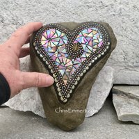 Iridescent Butter Cream Heart, Garden Stone, Mosaic, Garden Decor