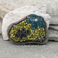 Teal Flower w/Yellow, Black Paw Print - Garden Stone, Pet Memorial, Garden Decor'