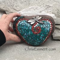 Turquoise Blue Heart with Teal Blue Flowers, Dragonfly, Garden Stone, Mosaic, Garden Decor