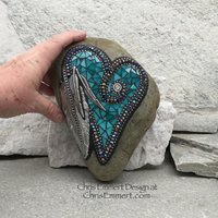 Turquoise Mosaic Heart, Feathers, Mosaic Rock, Mosaic Garden Stone,