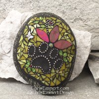 Iridescent Red Flower and Yellow, Black Paw Print - Garden Stone, Pet Memorial,