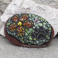 Orange Flower w/Green, Black Paw Print - Garden Stone, Pet Memorial, Garden Decor'