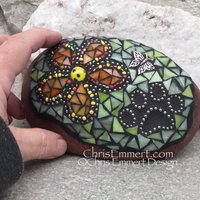 Orange Flower w/Green, Black Paw Print - Garden Stone, Pet Memorial, Garden Decor'