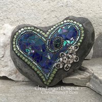 Iridescent Blue Heart, Garden Stone, Mosaic, Garden Decor