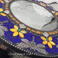 Cobalt and Yellow Dragonfly Mosaic Mirror, Round Mosaic Mirror, Home Decor
