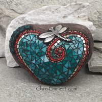 Turquoise Blue Heart with Teal Blue Flowers, Dragonfly, Garden Stone, Mosaic, Garden Decor