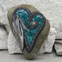 Turquoise Mosaic Heart, Feathers, Mosaic Rock, Mosaic Garden Stone,