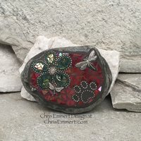 Green Flower w/Red, Black Paw Print - Garden Stone, Pet Memorial, Garden Decor' Dragonflies