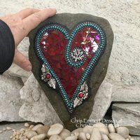Iridescent Red and Teal Heart, Tree of Life Garden Stone, Mosaic, Garden Decor