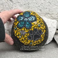 Teal Flower w/Yellow, Black Paw Print - Garden Stone, Pet Memorial, Garden Decor'