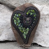 Lime Green Leaf Heart, Garden Stone, Mosaic, Garden Decor