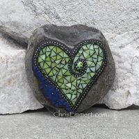 Light Lime Green Heart with Royal Blue Flowers, Garden Stone, Mosaic, Garden Decor