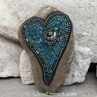 Teal Blue Mosaic Heart, Mosaic Rock, Mosaic Garden Stone, Moon and Star