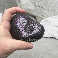 Iridescent White Garden Stone/Paperweights #5 Group Mosaic Heart, Mosaic Rock, Mosaic Garden Stone, Home Decor, Gardening, Gardening Gift,