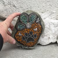 Amber with Teal Green Flower , Black Paw Print - Garden Stone, Pet Memorial, Garden Decor'