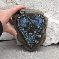 Blue Heart Mosaic with  Black Paw Print - Garden Stone, Pet Memorial