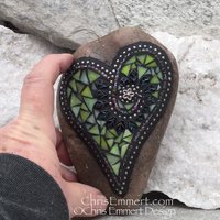 Lime Green Leaf Heart, Garden Stone, Mosaic, Garden Decor