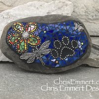 Yellow Flower w/Blue, Dragonfly, Black Paw Print - Garden Stone, Pet Memorial, Garden Decor'