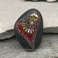 Red and Yellow Mosaic Heart, Mosaic Rock, Mosaic Garden Stone, Paperweight