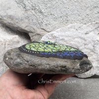 Light Lime Green Heart with Royal Blue Flowers, Garden Stone, Mosaic, Garden Decor