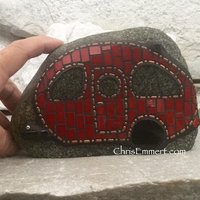 Red Retro Caravan - Mosaic on Rock Garden Stone