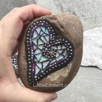 Iridescent White Garden Stone/Paperweights #5 Group Mosaic Heart, Mosaic Rock, Mosaic Garden Stone, Home Decor, Gardening, Gardening Gift,