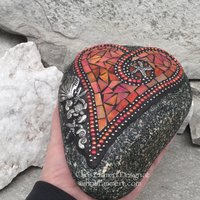 Orange Iridescent Heart, Shells and Starfish, Garden Stone, Mosaic, Beach Garden Decor