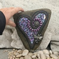 Iridescent Lavender Heart with Purple Flower, Garden Stone, Mosaic, Garden Decor