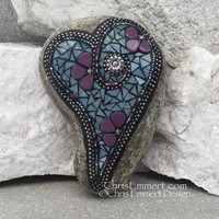 Denim Blue Heart with Purple Flowers -Mosaic / Garden Stone