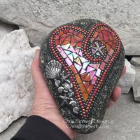 Orange Iridescent Heart, Shells and Starfish, Garden Stone, Mosaic, Beach Garden Decor