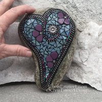 Denim Blue Heart with Purple Flowers -Mosaic / Garden Stone