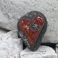 Orange Iridescent Heart, Shells and Starfish, Garden Stone, Mosaic, Beach Garden Decor