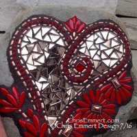 Copper, Red Flowers and Bronze Mirror, Heart Mosaic -Garden Stone