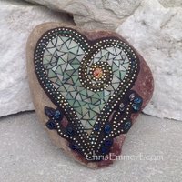 Olive Green Heart, Mosaic Rock, Gardener Gift, Home Decor, Mosaic Garden Stone