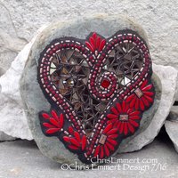Copper, Red Flowers and Bronze Mirror, Heart Mosaic -Garden Stone