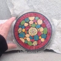 Mosaic Trivet, Candle Plate, Home Decor,  Mixed Media Art, Red, Green, Blue
