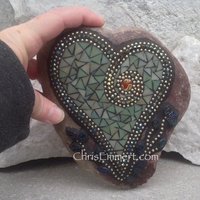 Olive Green Heart, Mosaic Rock, Gardener Gift, Home Decor, Mosaic Garden Stone