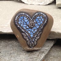 Sky Blue Angel Wing Heart, Paperweight, Garden Stone, Mosaic, Garden Decor