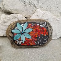 Teal Flower w/Red, Black Paw Print - Garden Stone, Pet Memorial, Garden Decor Dragonflies