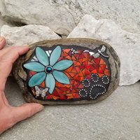 Teal Flower w/Red, Black Paw Print - Garden Stone, Pet Memorial, Garden Decor Dragonflies