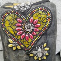 Yellow Mosaic Heart, Bee and Flowers Garden Stone, Garden Decor