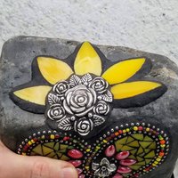 Yellow Mosaic Heart, Bee and Flowers Garden Stone, Garden Decor