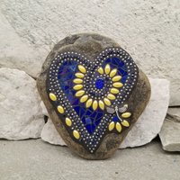 Iridescent Dark Blue Mosaic Heart Garden Stone, Mosaic Garden Decor Yellow Flowers