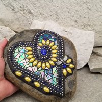 Iridescent Dark Blue Mosaic Heart Garden Stone, Mosaic Garden Decor Yellow Flowers