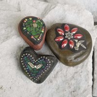 Mosaic Garden Stone Paperweights, Secret Santa Stocking Stuffer, #5 Group Mosaic Heart and Rocks,   